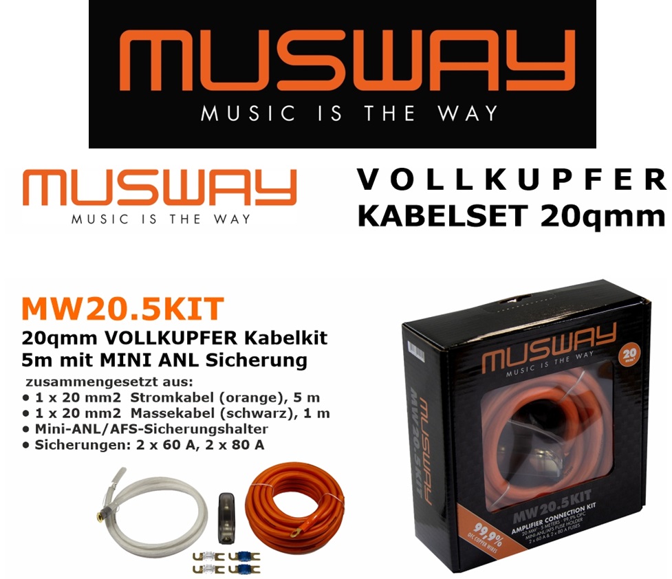 Musway MW 20.5KIT 20 mm² Vollkupfer Kabel Kit 5 meter Verstärker